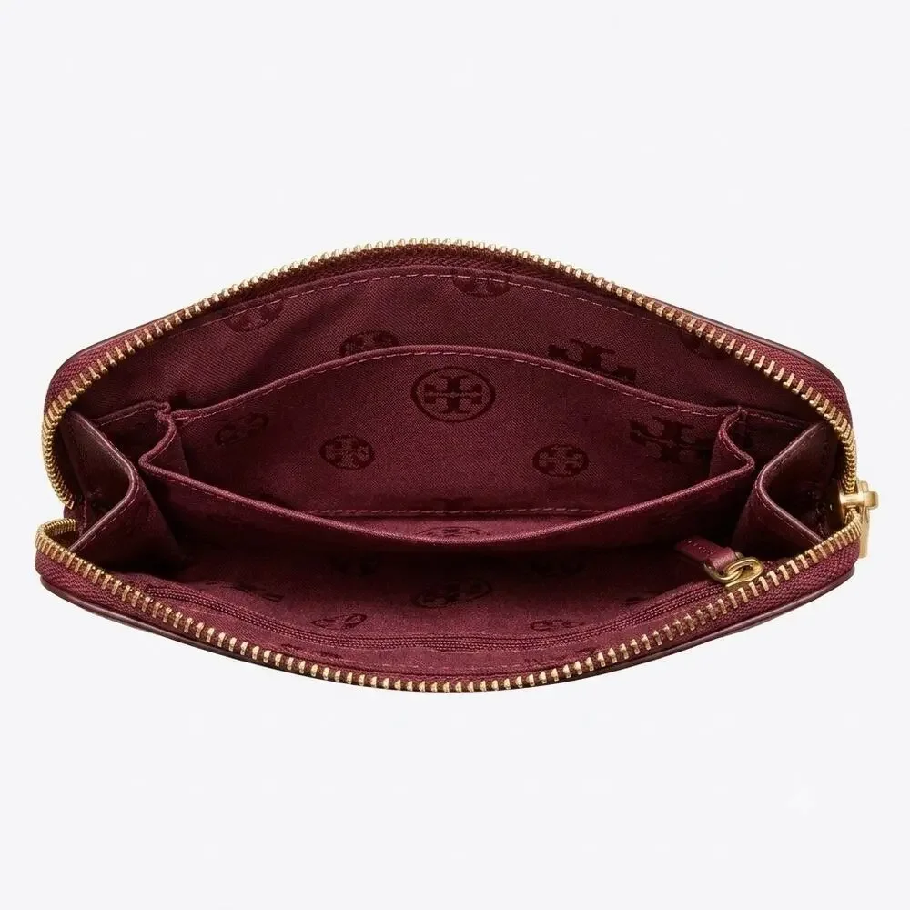 Tory Burch burgundy pebbled, leather large wristlet wallet zip clutch 6 x 8 GHW